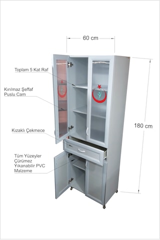 Büyük 4 Kapaklı Hastane Revir Klinik Eczane Sağlk Ocağı Kabini Tıpbi Malzeme İlç Enjektör Dolabı 180 X 60 X 35 Cm
