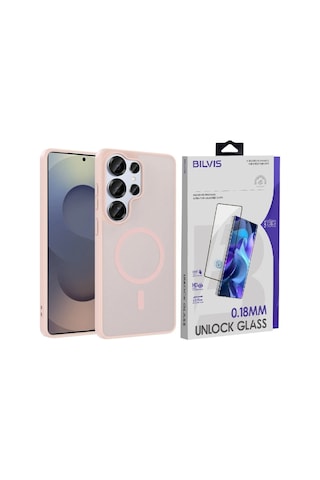 Vendas Samsung Galaxy S26 Ultra Kılıf M-safe Şarj Özellikli Zore Babet Kapak + Bilvis Cam Ekran Koruyucu Pembe
