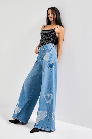 it's basic Kadın Kot Rengi 2s54 Parlak Taşlı Kalp Detaylı Bol Kesim Tasarım Denim Jean Mavi
