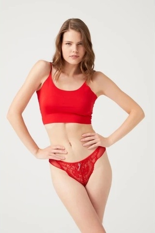 Cottonhill Önü Dantelli Arkası Tül Transparan Taş Detaylı Kadın Brezilya Külot Kırmızı