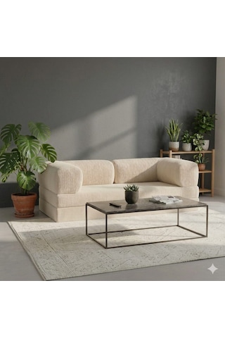 Herev 160x80 Sünger Koltuk İki Kişilik Kanepe Yataklı Yıkanabilir Kadife Kumaşlı Krem