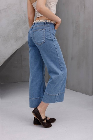 Zdnjeans Kadın Hasır Kemer Detaylı Yüksek Bel Wide Leg Jean Pantolon Mavi