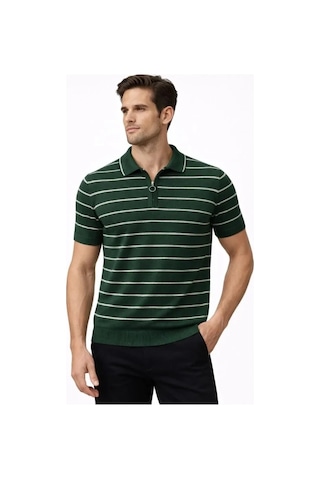 Vexor Erkek Triko Polo Yaka Fermuarlı Çizgili Tişört T-shirt Yazlık Şık - Yeşil