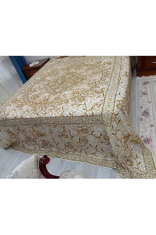 Pullu Boncuk İşlemeli Otantik Çift Kiş Yat Örtüsü 240x270 -gold Gold