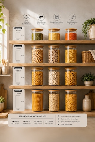Porsima 12'li Bambu Ahşap Kapaklı Cam Kavanoz Seti 2100 Ml, 1650 Ml, 1300 Ml, 750 Ml Erzak & Baharatlık Bambu - Şeffaf