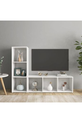 Tolga Kitaplıklı Televizyon Sehpası Ünitesi Kitaplık Beyaz 120 Cm 6 Raflı Beyaz