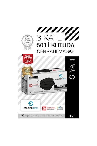 Saytekmed Meltblown Filtreli Yassı İpli 3 Katlı Siyah Maske (1 Kutu / 50 Adet)