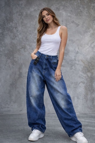 St.poll Eskitme Yıkamalı Baggy Jean Mavi
