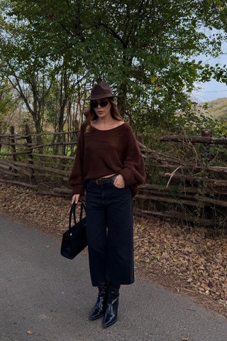 Kahverengi Kayık Yaka Kazak - 4338 Kahverengi