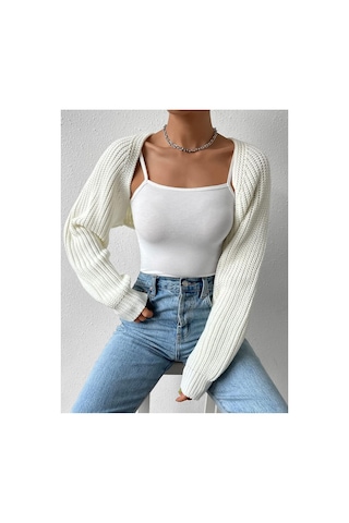 Moibody Triko Örgü Reglan Kol Bolero Hırka Kore Tarzı 4 Mevsim Ekru Ekru