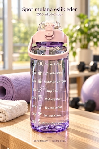 Madamev 3lü Motivasyonel Suluk Matara Seti 2000+750+280ml Pipetli Sticker Askılı Spor Okul Su Şişesi Mor