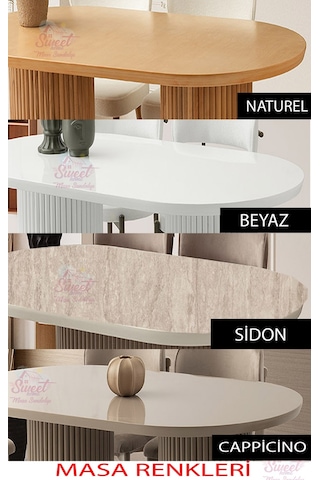 Orkide Sabit Oval Bohem Cappicino Yemek Masası Takımı Ahşap Nergis Sandalye 1 Masa 6 Sandalye Krem