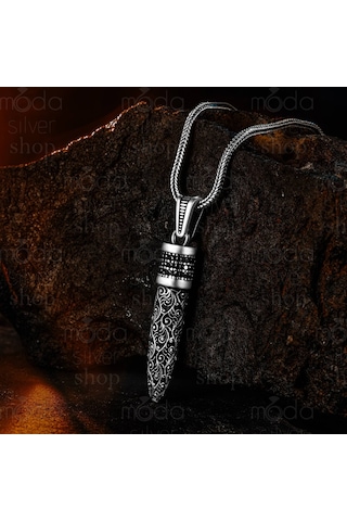 925 Ayar Gümüş Mikro Taşlı Mermi Tasarım Erkek Kolye Gümüş