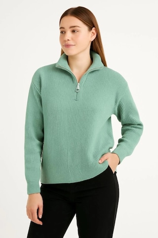 De'charme Kadın Yarım Fermuarlı Triko Kazak Selanik Örgü, Dik Yaka, Pamuklu Dokuma, Oversize Uzun Kollu Kışlık Model - Mint Yeşili