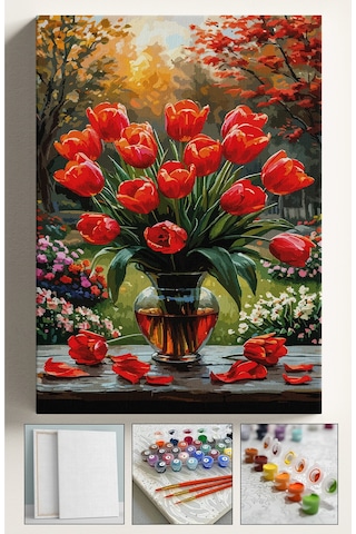 Sayılarla Boyama Seti Numaralı Tuval Fırça Boya 40x50 Cm - Kırmızı Laleler