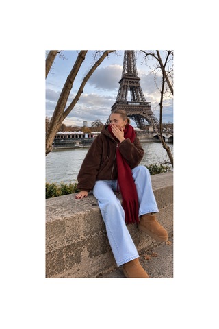 Nilza Kadın Teddy Peluş Ceket Kapüşonlu Fermuarlı Cepli Oversize Sweatshirt Kahverengi