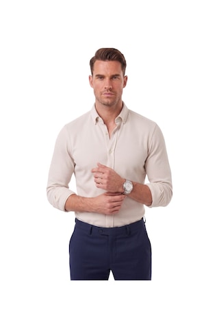 Deepsea Erkek %97 Pamuk Slim Fit Dar Kesim Petek Dokulu Likralı Örme Bej Gömlek 2600707