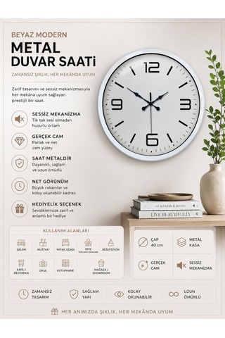 40 Cm Beyaz Metal Modern Duvar Saati 11529050