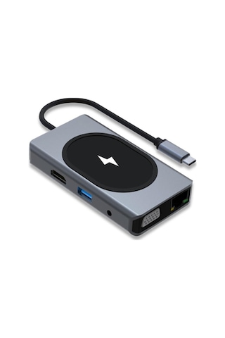 Winex WNE0064 9in1 USB Type-C Hub Port Adaptör 4K HDMI USB Ethernet PD Girişli 15 W Kablosuz Şarj