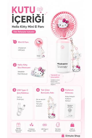 Hello Kitty Mini El Fanı Taşınabilir Usb Şarjlı Sessiz Masa Ve El Tipi Vantilatör Pembe