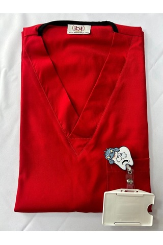 Doktor Hemşire Scrubs Üniforma Ligralı Kırmızı