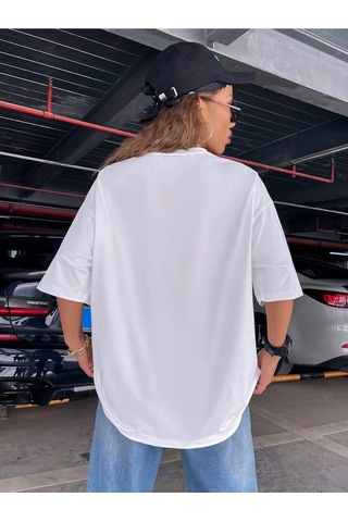 Kadın Beyaz Oversize Pamuk Baskılı T-shirt Beyaz