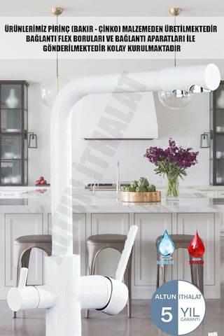 3 Yollu Beyaz Arıtmalı Sıcak Soğuk Çıkışlı Evye Mutfak Bataryası Arıtmalı Musluk Beyaz