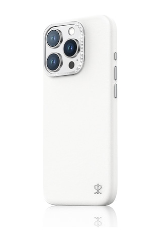 Apple Uyumlu iPhone 16 Pro Kılıf Magsafe Şarj Özellikli Suni Deri Tasarımlı Pynana Starry Serisi Kapak Beyaz