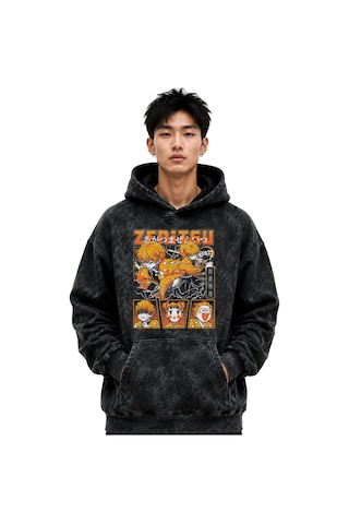 Sevbano Zenitsu Agatsuma Anime Baskılı Unisex Oversize Premium Yıkamalı H Siyah