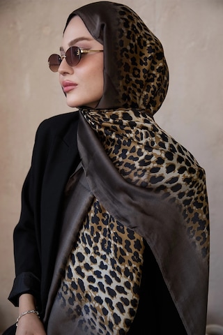 Miorel Scarfs Leopar Desen Vual İpek Şal Fular Silk Scarfs Shawl Hijab Kahve Kenar