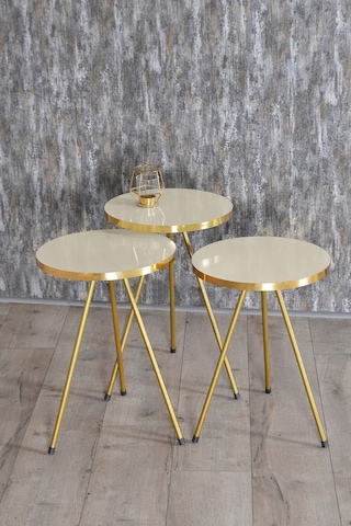 Zigon Sehpa 3'Lü Gold Metal Ayak Krem Gold
