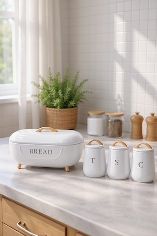 Akayev Retro Bambu Metal Ekmek Kutusu Ve 3'lü Saklama Kabı White Beyaz