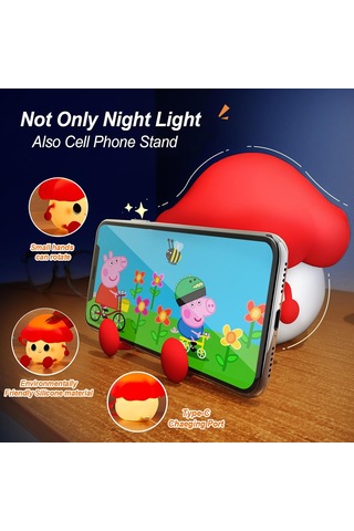 Çocuklar İçin Mantar Gece Işığı, Sevimli Silikon Gece Işığı, 7 Ayarlanabilir Renk Solunum Mantar Lambası Düz