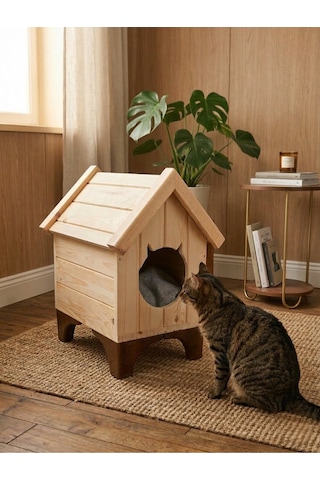 Masif Çam Ahşap Kedi Evi - El Yapımı Dekoratif Yuva - Kurulu Hazır