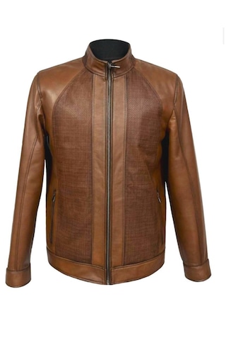 Viamod Leather Erkek Kahverengi Hakim Yaka Modern Tasarım Dokulu Saf Deri Mont 4631 Kahverengi - Taba