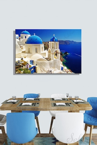Kanvas Duvar Tablosu Yatay Tekli Salon Mutfak Yatak Odası Ofis Santorini Adası Mavi Kubbeli Kilise
