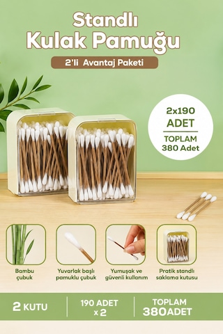 Porsima 3135 Doğal Ahşap Bambu Saplı Standlı 2li Kulak Temizleme Çubuğu Seti- 360 Adet