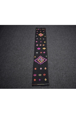 Zehra Abla Halı Yeni El Dokuması Siyah Bardız Erzurum Mini Yolluk Yün Kilim 7461 Çok Renkli