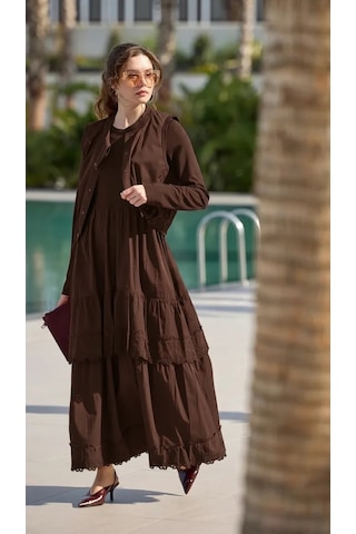 Misswhence Yelekli Poplin Elbise 39834 Kahve Kahverengi