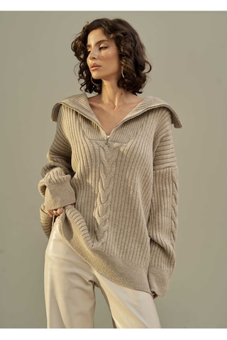 Mai Collection Mai Studios Co. Rika Vizon Saç Örgü Fermuarlı Triko Kazak Vizon