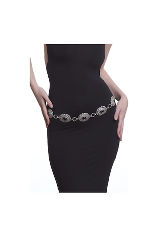 Labalaba Kadın Antik Gümüş Kaplama Siyah Boncuklu Bohem Bel Kemeri, Bel Kolyesi Gümüş