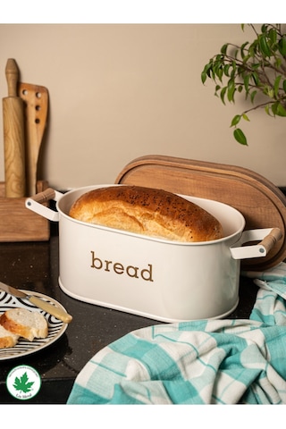 Ahşap Kapaklı Ahşap Kulplu Metal Ekmeklik Bread Baskılı - Krem Krem