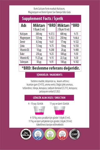 Kalsiyum Çinko D3k2 Magnezyum Demir İçeren Kemik Geişimi İçin Çocuk Şurubu 150 Ml.
