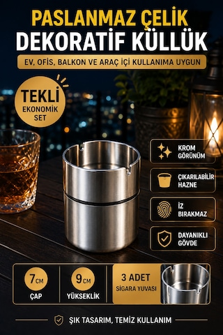 Paslanmaz Çelik Masa Tipi Küllük Dekoratif Krom Küllük Ev Ofis Araç İçi Kullanım 9 Cm