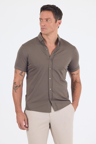 İmza Koyu Haki İtalyan Düğmeli Yaka Kısa Kol Cepsiz Slim Fit Gömlek 1004250255 Koyu Haki