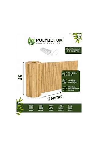 Polybotum Premium Doğal Kamış Hasır Balkon Çiti 50x300 Cm Sık D
