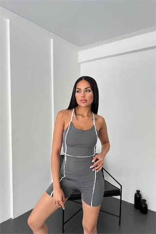 Neşeli Butik Kadın Çizgi Detaylı Sırt Dekolteli Mini Tulum Nbdf050-test Antrasit