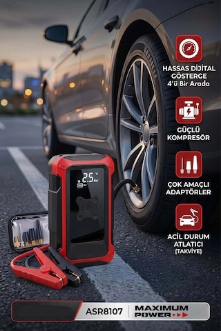 4'ü 1 Arada Dijital Göstergeli Powerbank Led Fener Hava Kompresörü Şarjlı Akü Takviye Cihazı
