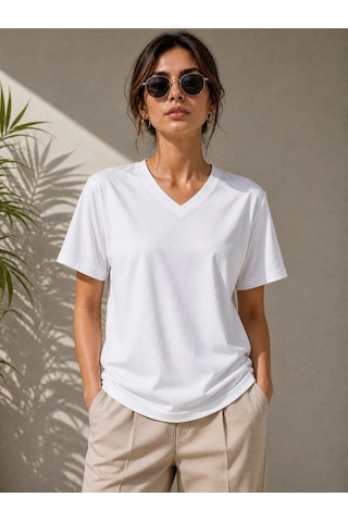 Novalisse Kadın V Yaka Basic Tişört Kısa Kol Yazlık Regular Fit T-shirt - Beyaz Çoklu Renk