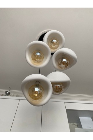 Modern 5'li Avize Beton Dokulu - Salon Ve Oturma Odası İçin Şık Tasarım Rustik Ampul Hediyeli Siyah